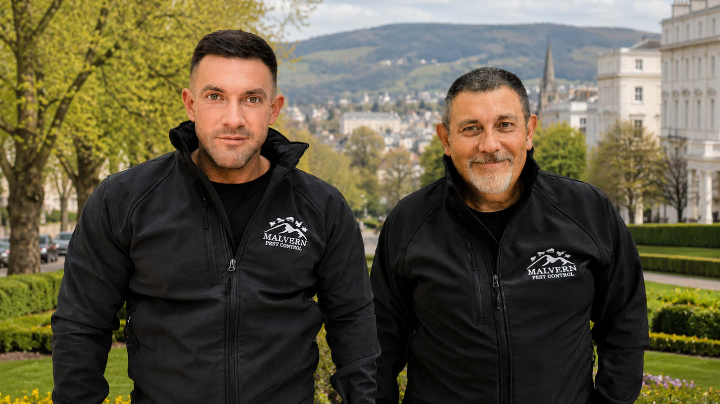 Two men standing outdoors in a city park with trees and buildings in the background, wearing black jackets with 'Malvern Pest Control' logos.