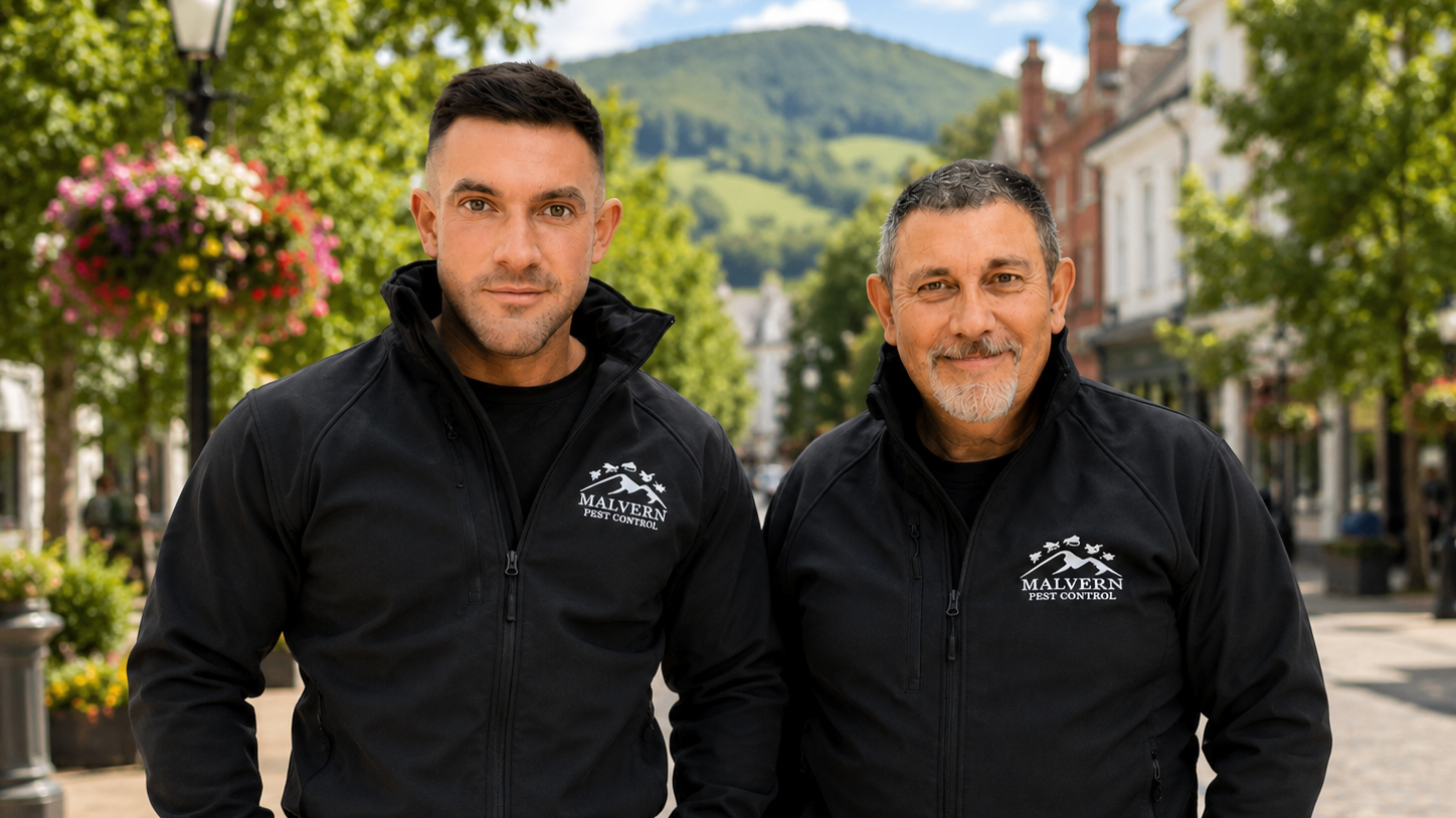 Two men wearing black jackets with 'Malvern Pest Control' logo standing outdoors in a town square, smiling with trees and buildings in the background.