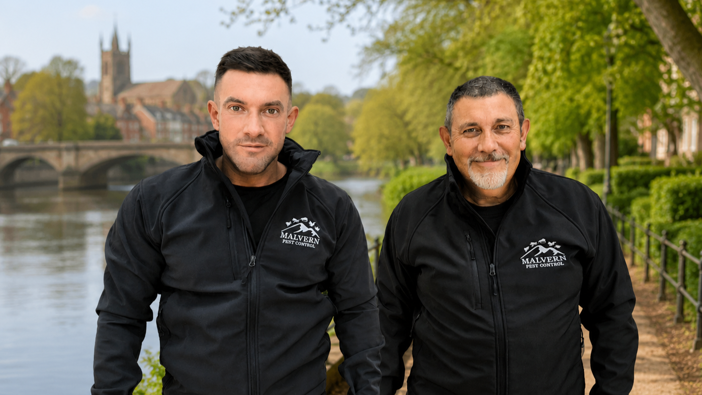 Two men standing outdoors near a river, wearing black jackets with 'Malvern Pest Control' logos, with trees and a church in the background.