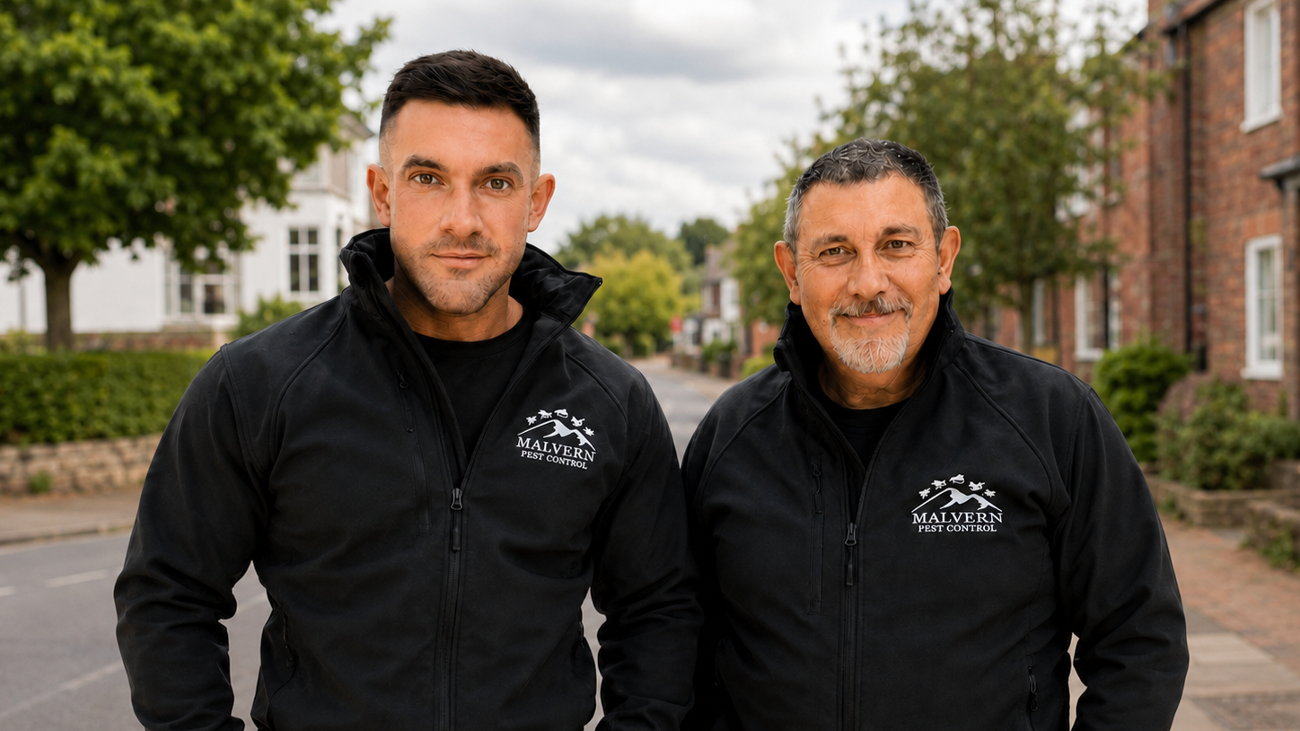 Two men standing outdoors on a residential street, both wearing black jackets with the Malvern Pest Control logo, smiling at the camera.