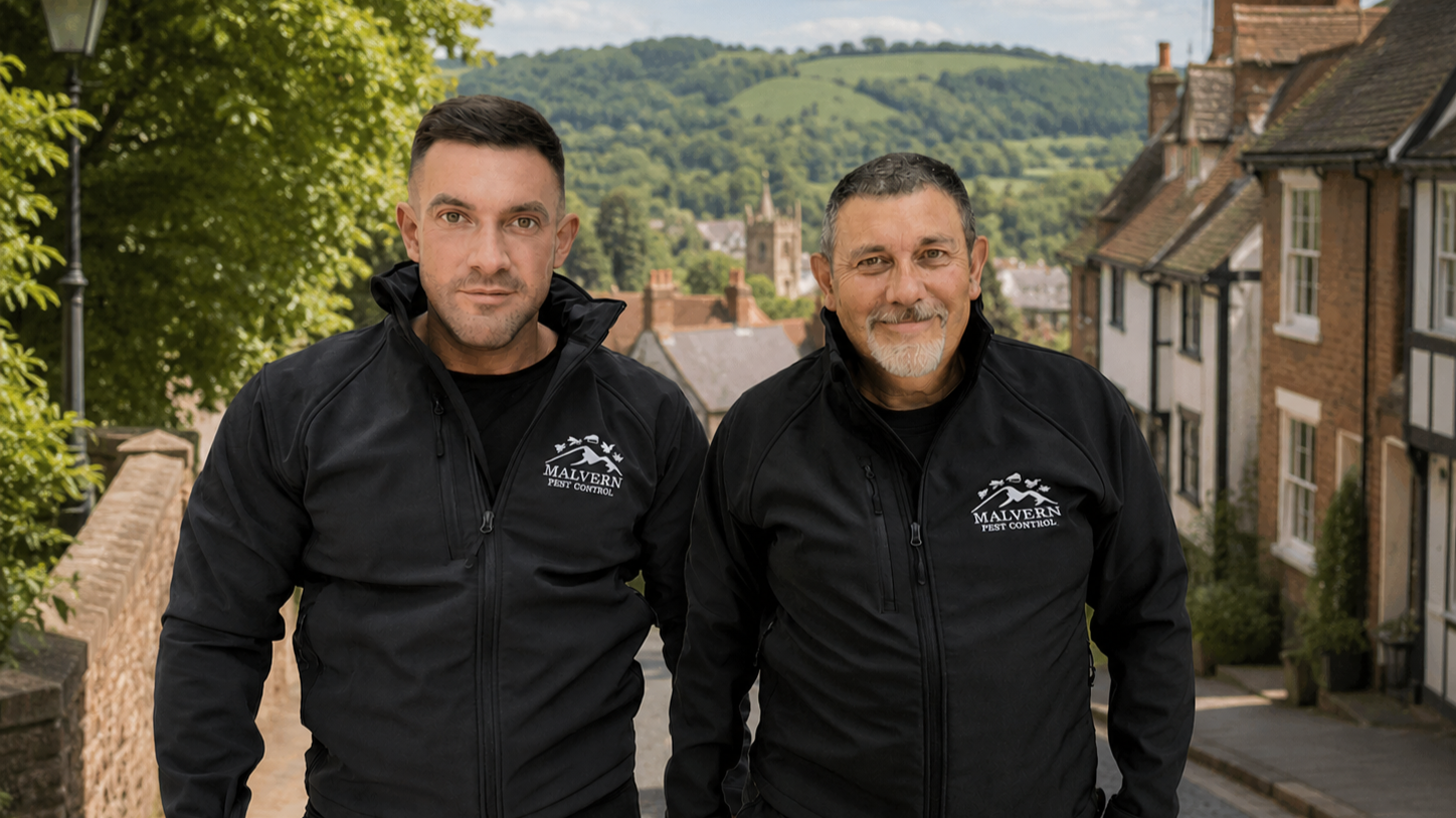Two men standing outdoors on a street with houses and green hills in the background, wearing black jackets with "Malvern Pest Control" logos.