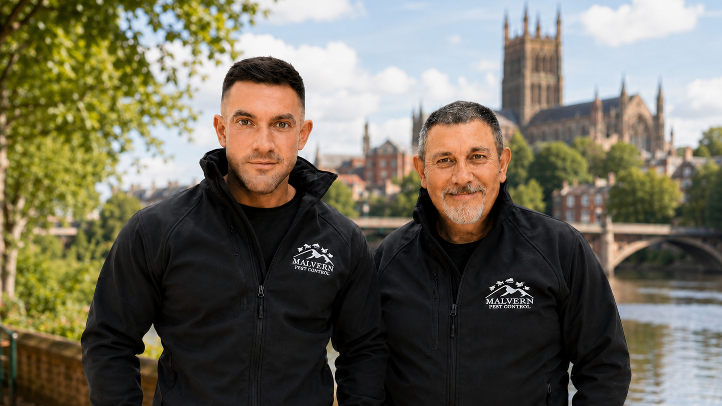 Two men wearing black Malvern Pest Control jackets standing outdoors with a river, bridge, and large church in the background.