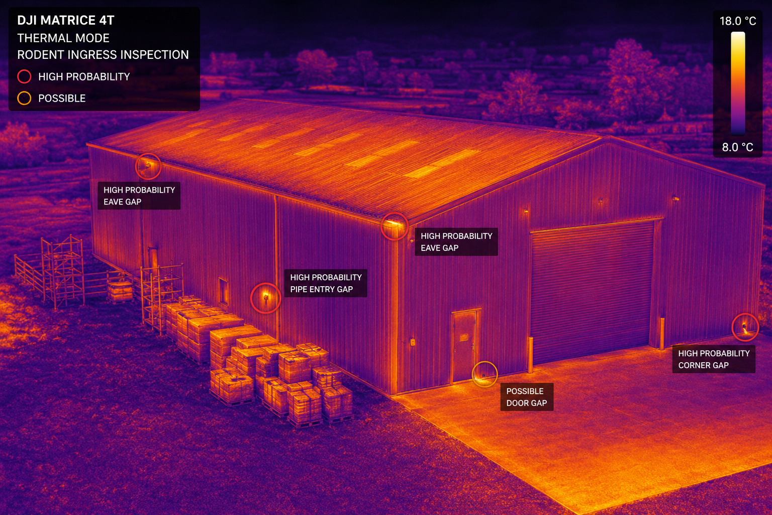 Infrared thermal image of a large metal storage building used for rodent inspection, with marked potential entry points such as eave gaps, pipe entry gaps, door gaps, and corner gaps, highlighted with high probability indications.