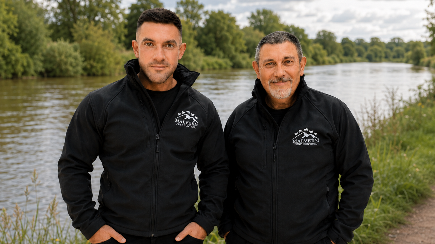 Two men standing outdoors beside a river with trees in the background, wearing black jackets with "Malvern Pest Control" logo.