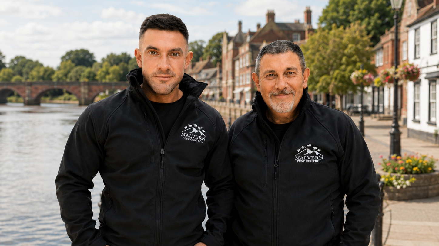 Two men standing on a riverside promenade, wearing black jackets with 'Malvern Pest Control' logos, with historic brick buildings and a stone bridge in the background.