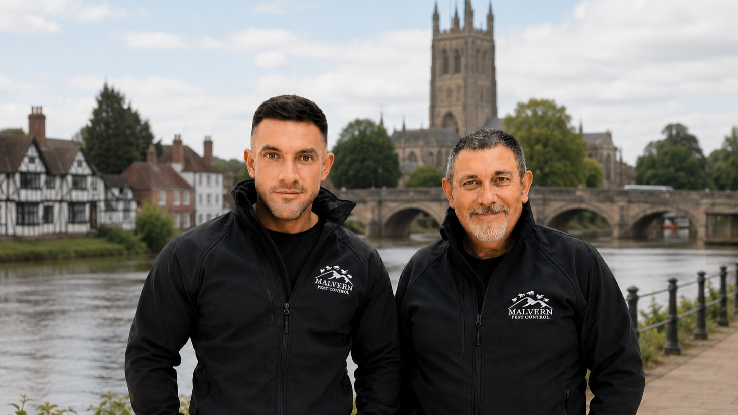 Two men standing outside near a river, with a large historic church and bridge in the background. Both are wearing black jackets with the "Malvern Pest Control" logo.