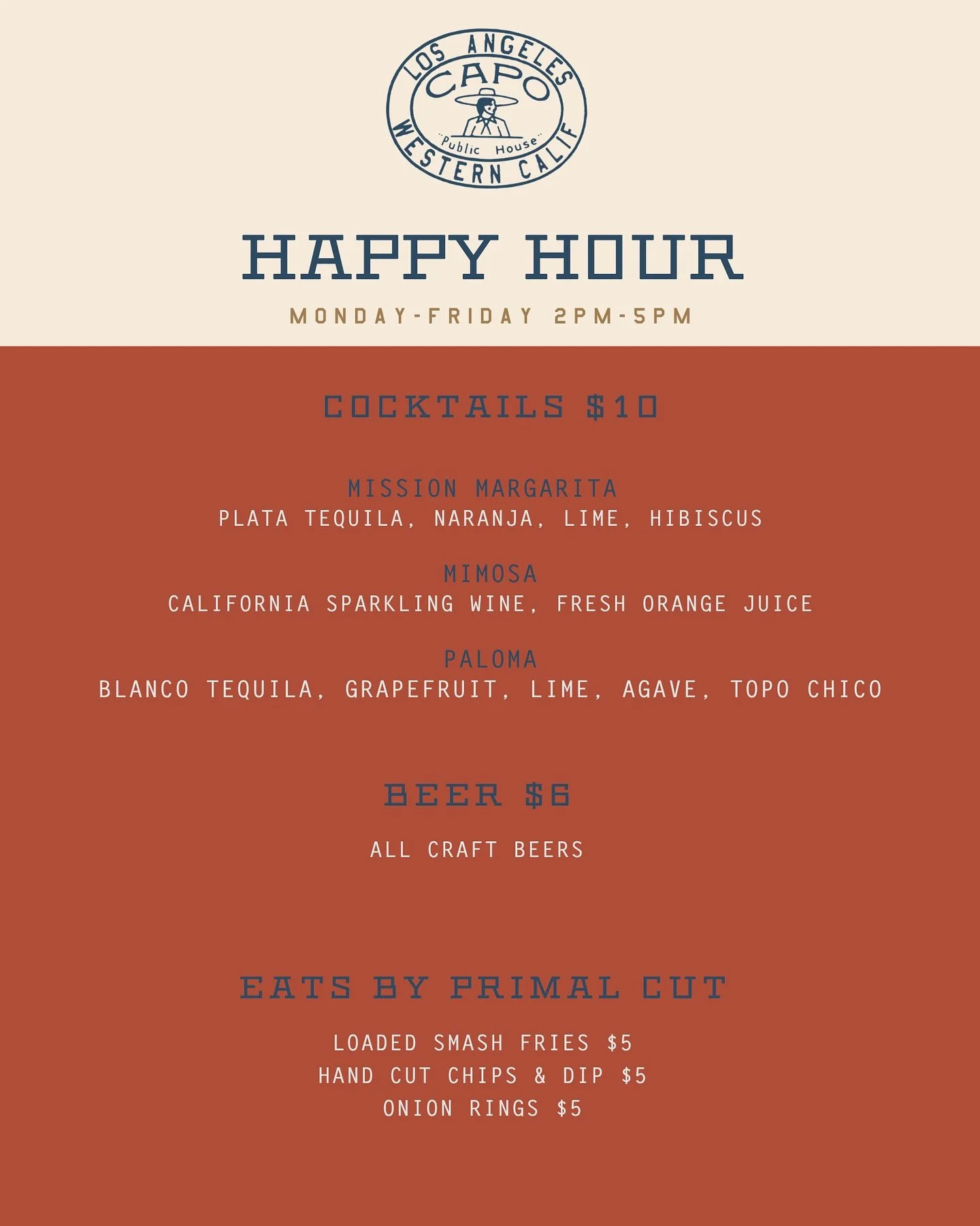 Happy Hour at Capo Public House. 〰️

We hope to see y&rsquo;all there weekdays 2-5PM.