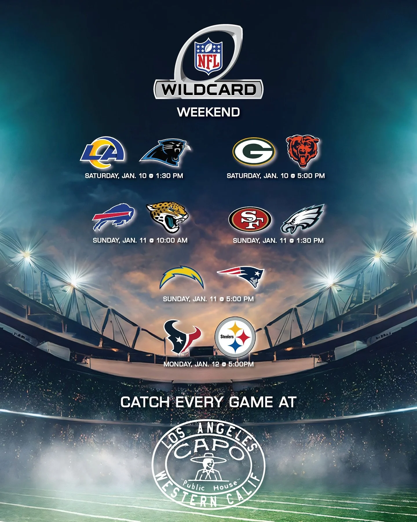 Wild Card Weekend is HERE 🏈🔥
Catch every game at Capo Public House. Cold drinks, big screens, nonstop football. 🍻