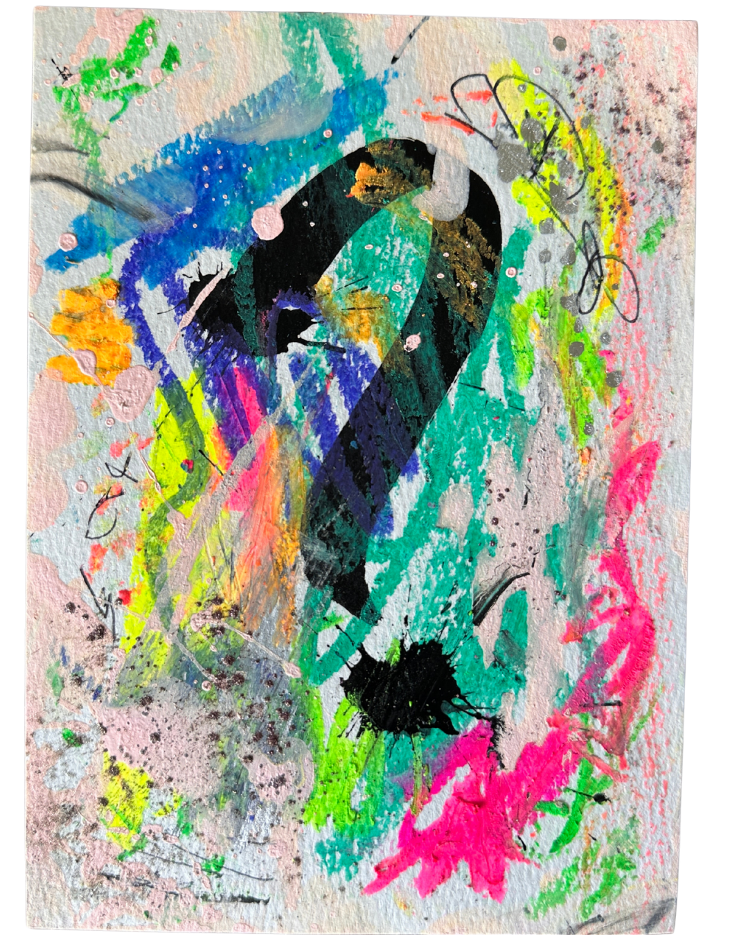 Colorful abstract mixed media artwork with splashes of neon green, pink, yellow, orange, blue, and black paint, featuring layered brushstrokes, drips, and scribbles on textured paper.
