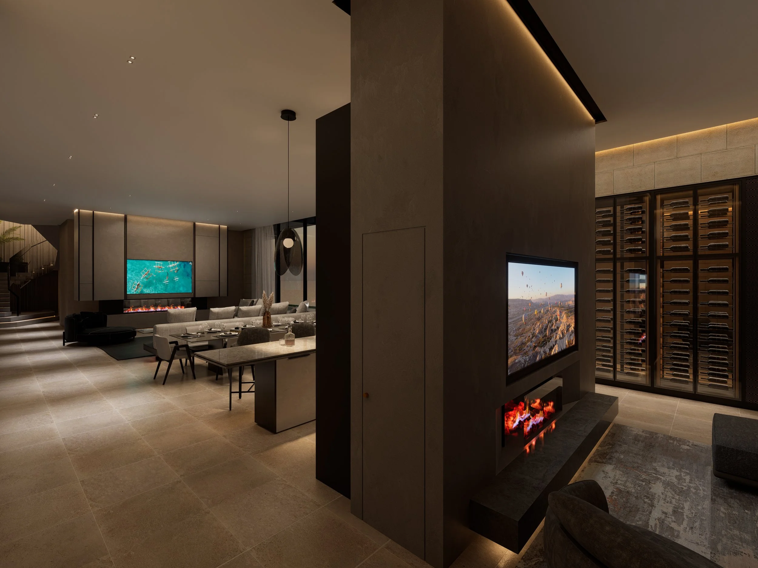 Abtt House, Living room at night  by Jules Wilson Studio