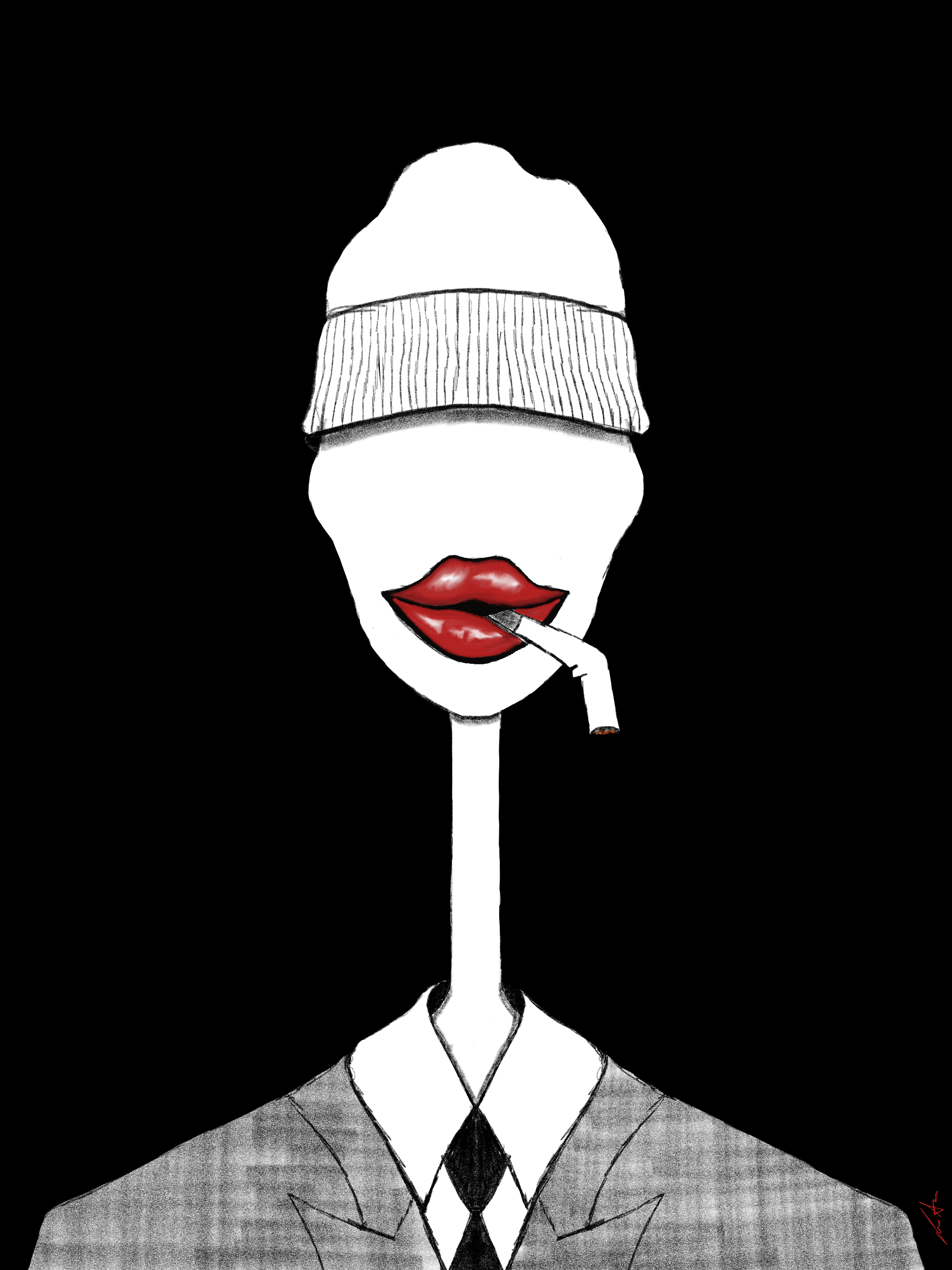 A stylized drawing of a woman with no visible eyes, wearing a beanie and smoking a cigarette. She has red lips and a black and white outfit against a black background.
