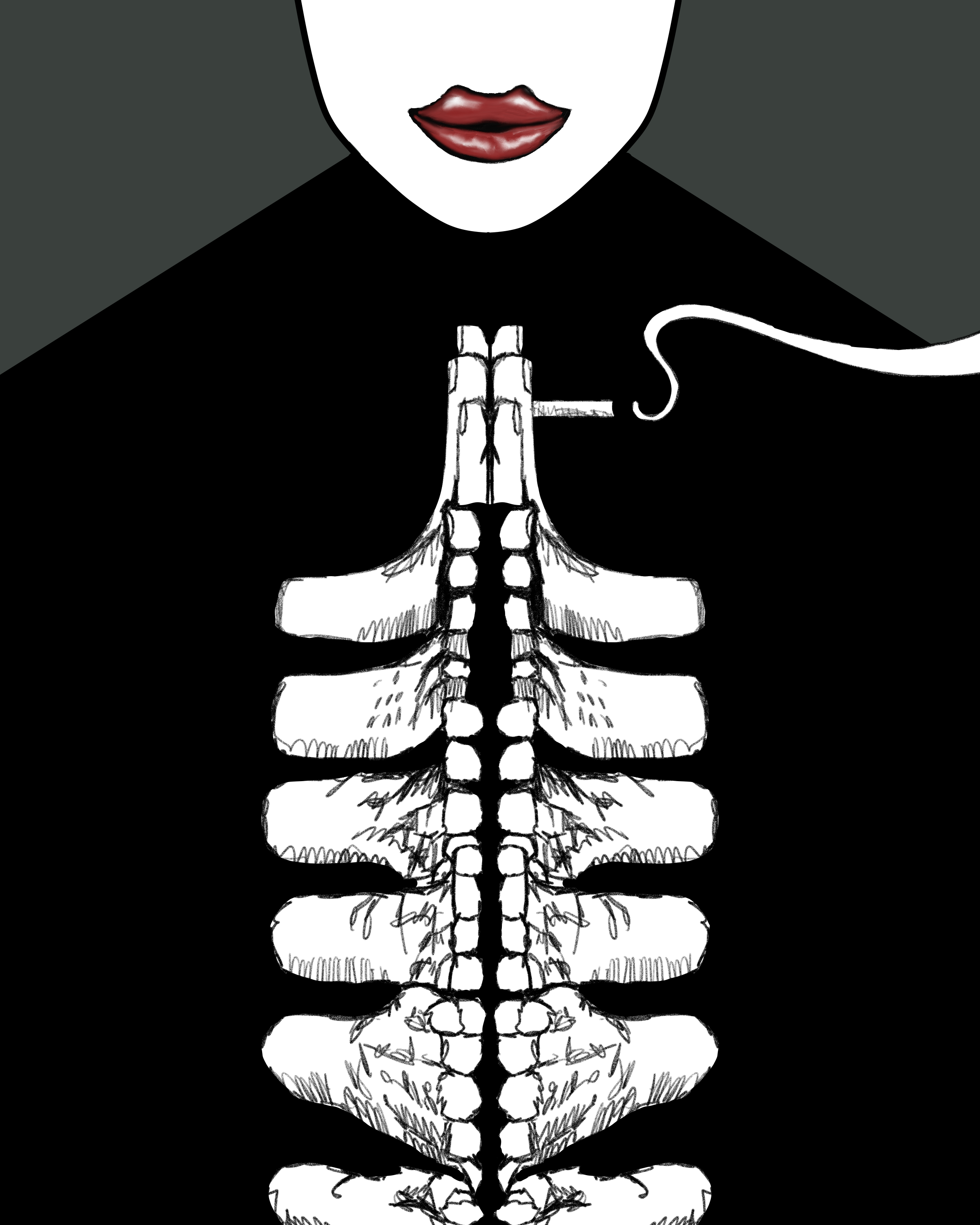 A person with red lips and a cigarette in mouth, with their hands pressed in prayer position over a drawing of a human spine. The person wears black clothing.