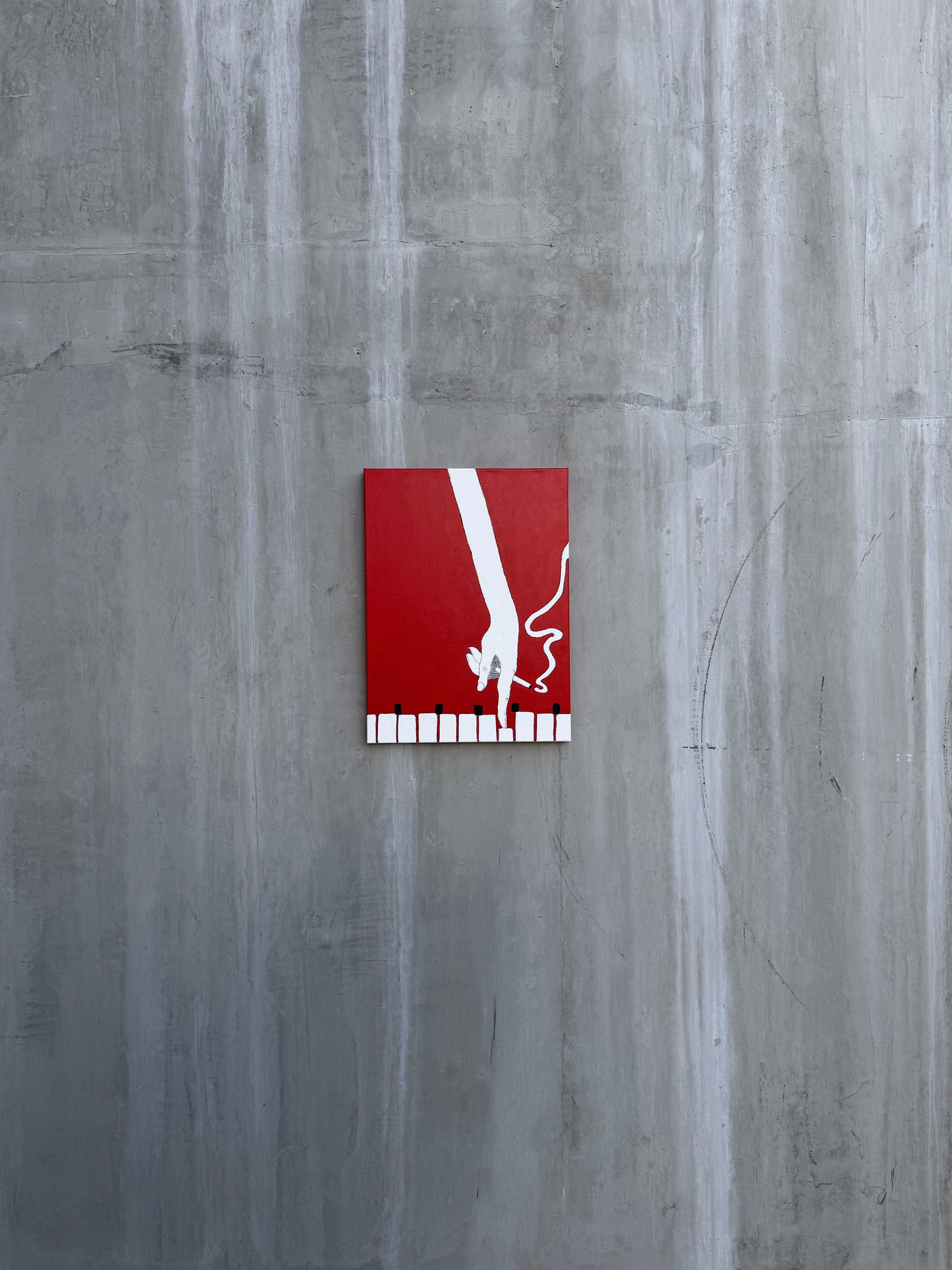 A painting of a woman's hand playing a piano, with the hand reaching down to the keys, against a red background.