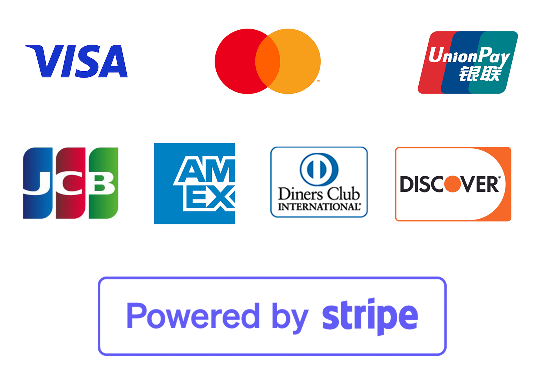 TOKYO CLINIC的付款頁面:接受Visa、MasterCard、UnionPay、JCB、AMEX、Diners Club及Discover付款。透過Stripe提供安全交易