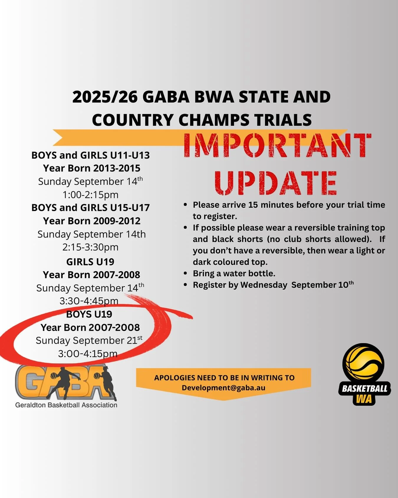 🏀 𝐓𝐑𝐈𝐀𝐋𝐒 𝐔𝐏𝐃𝐀𝐓𝐄! 🏀 
2025/26 GABA BWA State &amp; Country Champs Trials are here! Please see the updated poster including the year born for each age group. 

📅 Sept 14 &ndash; U11&ndash;U17 + U19 Girls
📅 Sept 21 &ndash; U19 Boys

Don&r