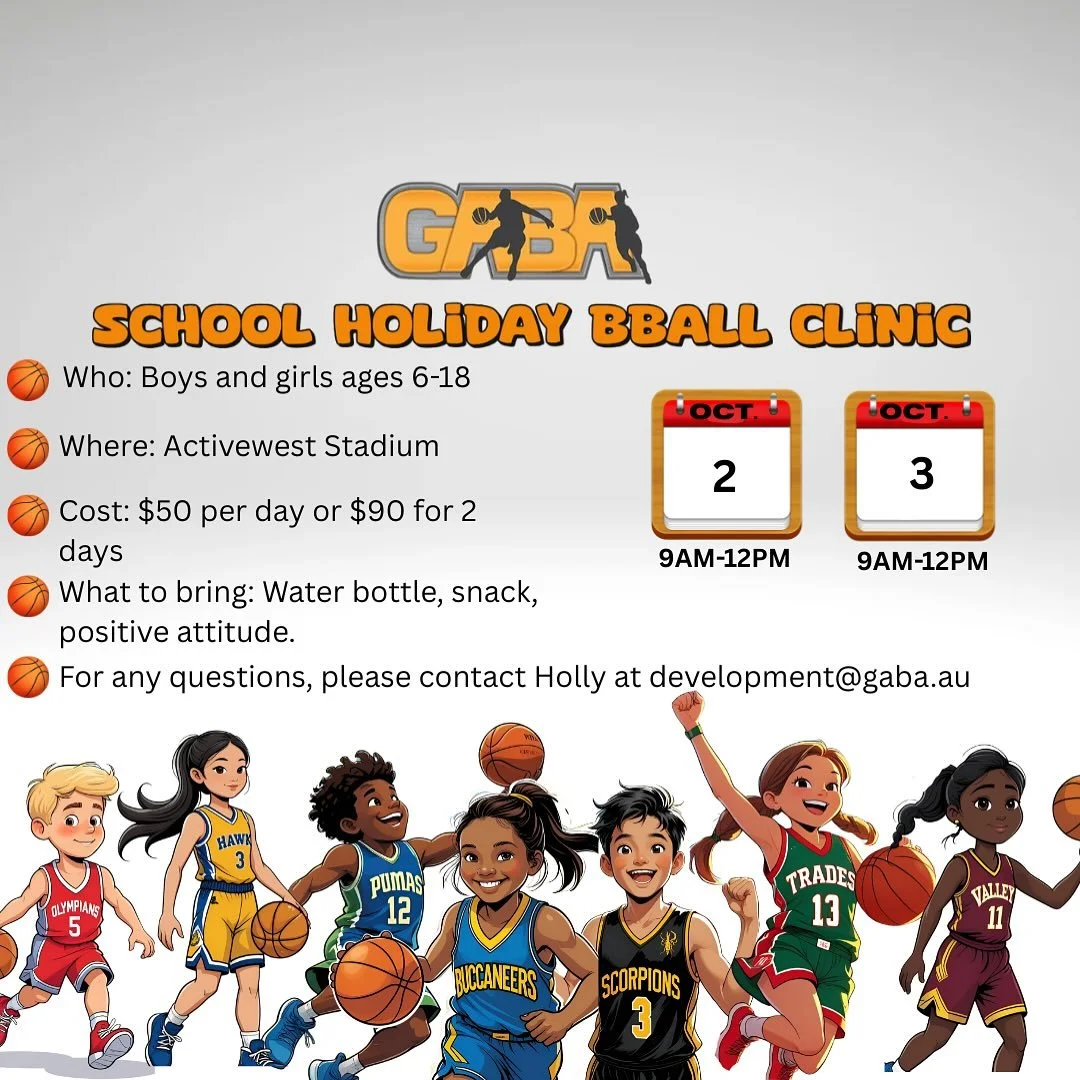 🏀✨ SCHOOL HOLIDAY FUN ✨🏀
Join us at the GABA School Holiday Basketball Clinic!
📅 Oct 2 &amp; 3 | ⏰ 9AM&ndash;12PM | 📍 Activewest Stadium
Perfect for boys &amp; girls ages 6&ndash;18.

💲 $50 per day or $90 for both days!
Bring your water bottle, 
