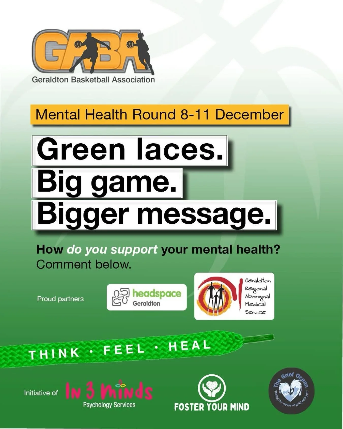 LAST CHANCE TO ENTER 👇

Tell us: how do you support your mental health? 
Comment below 

Show us: your green laces! 
Take a pic of you or your team laced up in our green Think.Feel. Heal laces for mental health round. 

All competitions close at 5pm