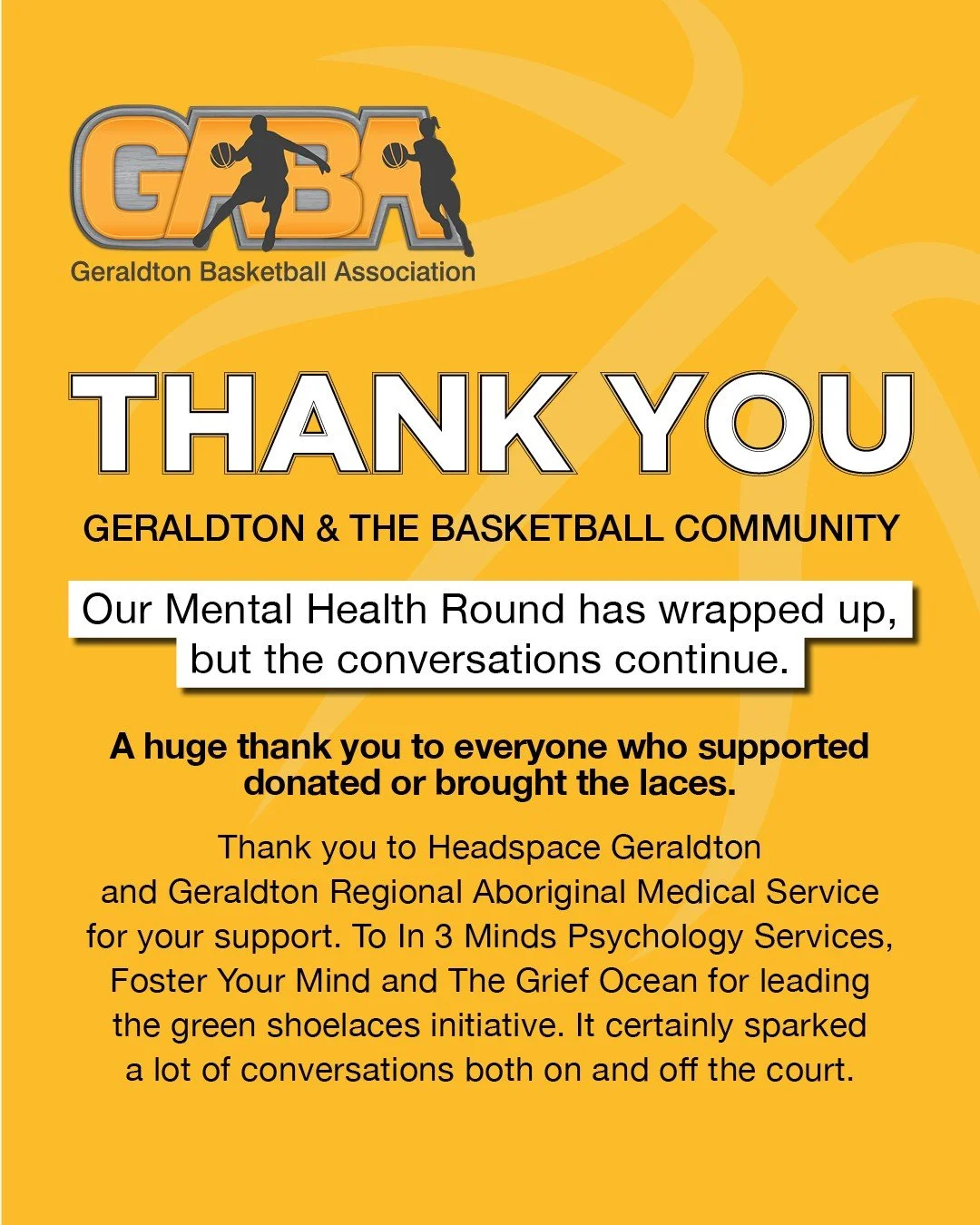 Thank You, Geraldton and the basketball community!

Our Mental Health Round has wrapped up, but the conversations continue.

A huge thank you to everyone who supported, donated or bought the laces.

Our winners have been contacted individually:
WINNE