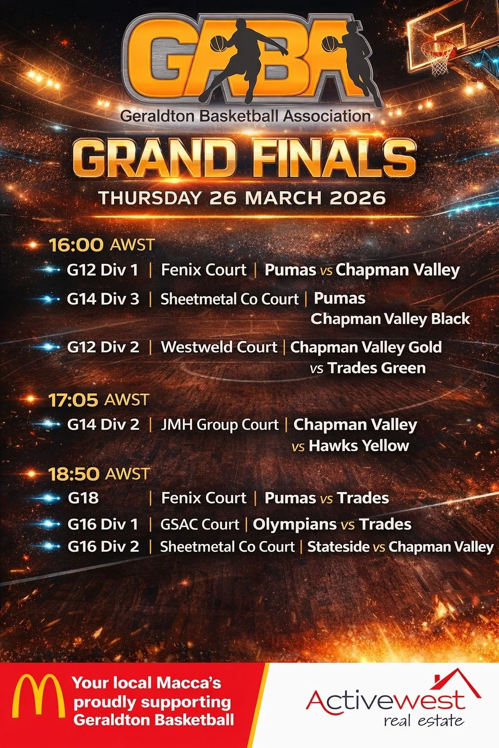 🏀 GRAND FINALS | THURSDAY 26 MARCH 🏀

🔥It all comes down to this! 🔥

Join us at Activewest Stadium this Thursday for a huge night of Boys and Girls Grand Final basketball. Big games, big moments and plenty of grand final atmosphere across the cou