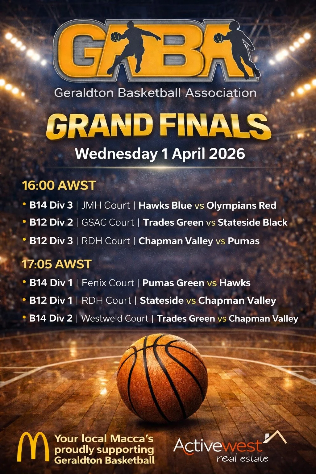 🏀🔥 **GRAND FINALS &ndash; REVISED SCHEDULE** 🔥🏀

Game night got a shake-up&hellip; and it&rsquo;s going to be BIG.

📅 **Wednesday 1 April 2026**
⏰ **From 4:00PM**
📍 **Activewest Stadium**

All **Girls &amp; Boys Grand Final fixtures** will now 