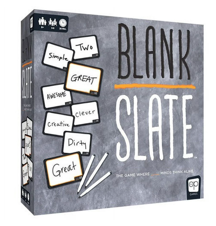 Blank Slate game package showing a chalkboard in the background along with the images of different whiteboards with different words on them with the game title "Blank Slate" next to the whiteboards.