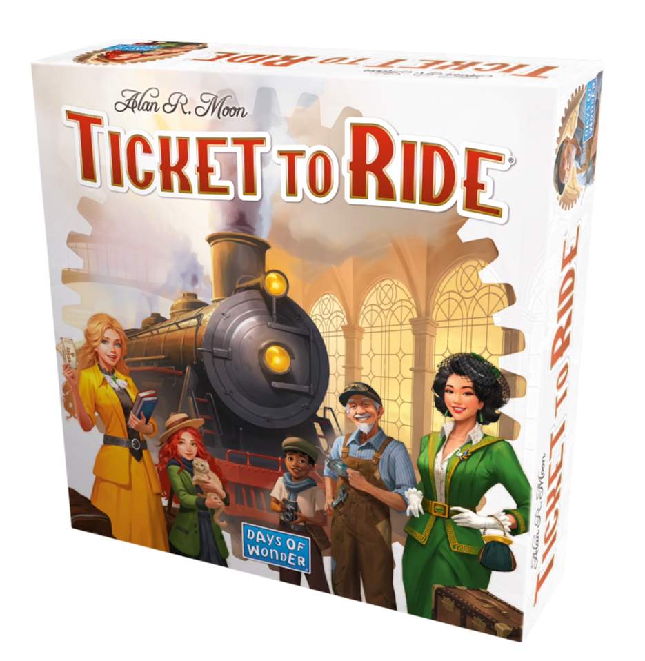 Ticket to Ride game package displaying different characters waiting to get on the train with the wording "Ticket to Ride"