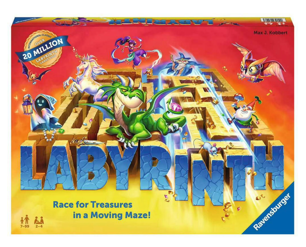 Labyrinth game package showing an image of a maze and different characters along with the wording "Labyrinth" and "Race for Treasures in a Moving Maze!"