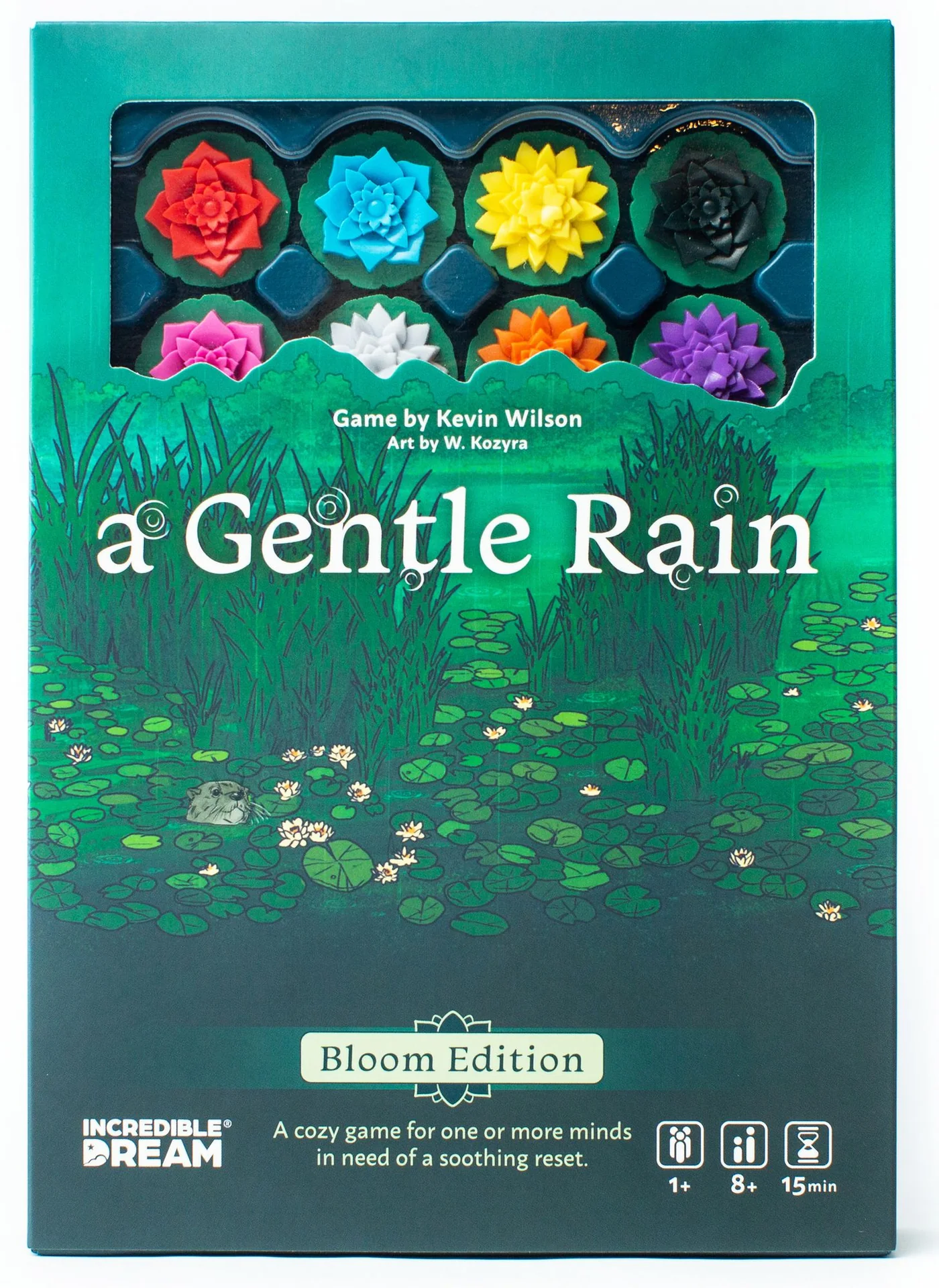 A Gentle Rain game package displayed waterlilies and flowers along with the wording "a Gentle Rain" and "A cozy game for one or more minds in need of a soothing reset."
