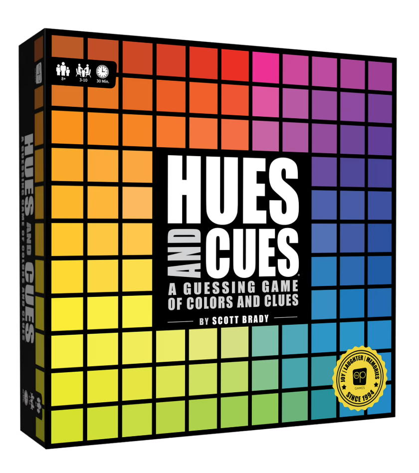 Hues and Cues game package showing different colors in squares such as orange, purple, blue, green, yellow, and red along with the wording "Hues and Cues: A Guessing Game of Colors and Clues by Scott Brady"