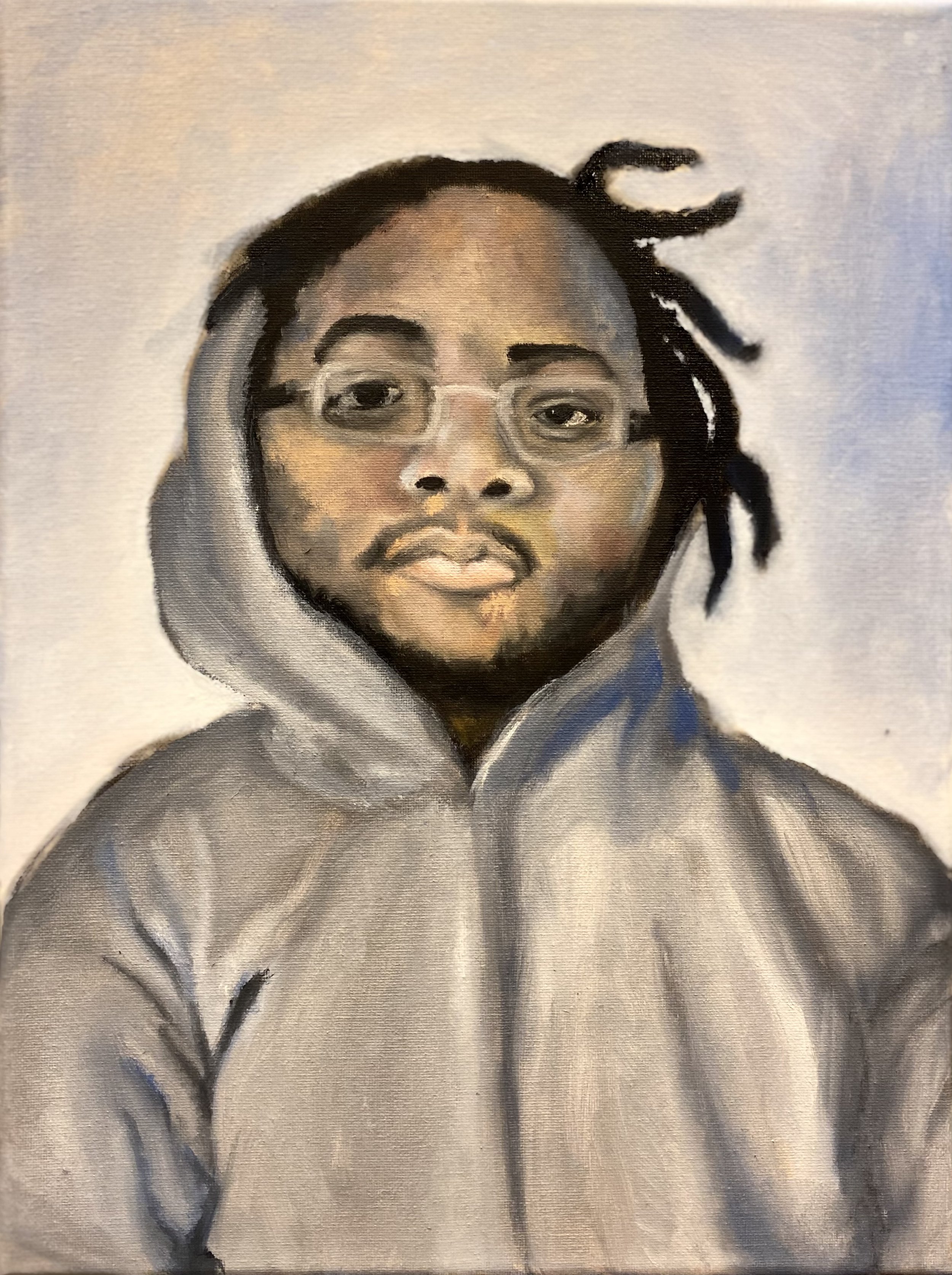 Portrait painting of a person wearing glasses and a gray hoodie, with dreadlocks. The background is a soft mix of light colors.