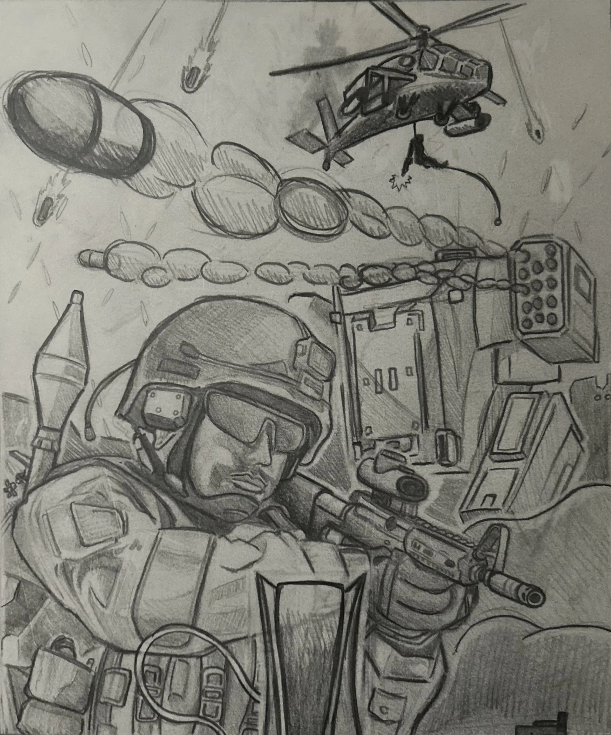 Illustration of a soldier in combat gear holding a rifle, with a helicopter above, explosions, and missiles in the background.