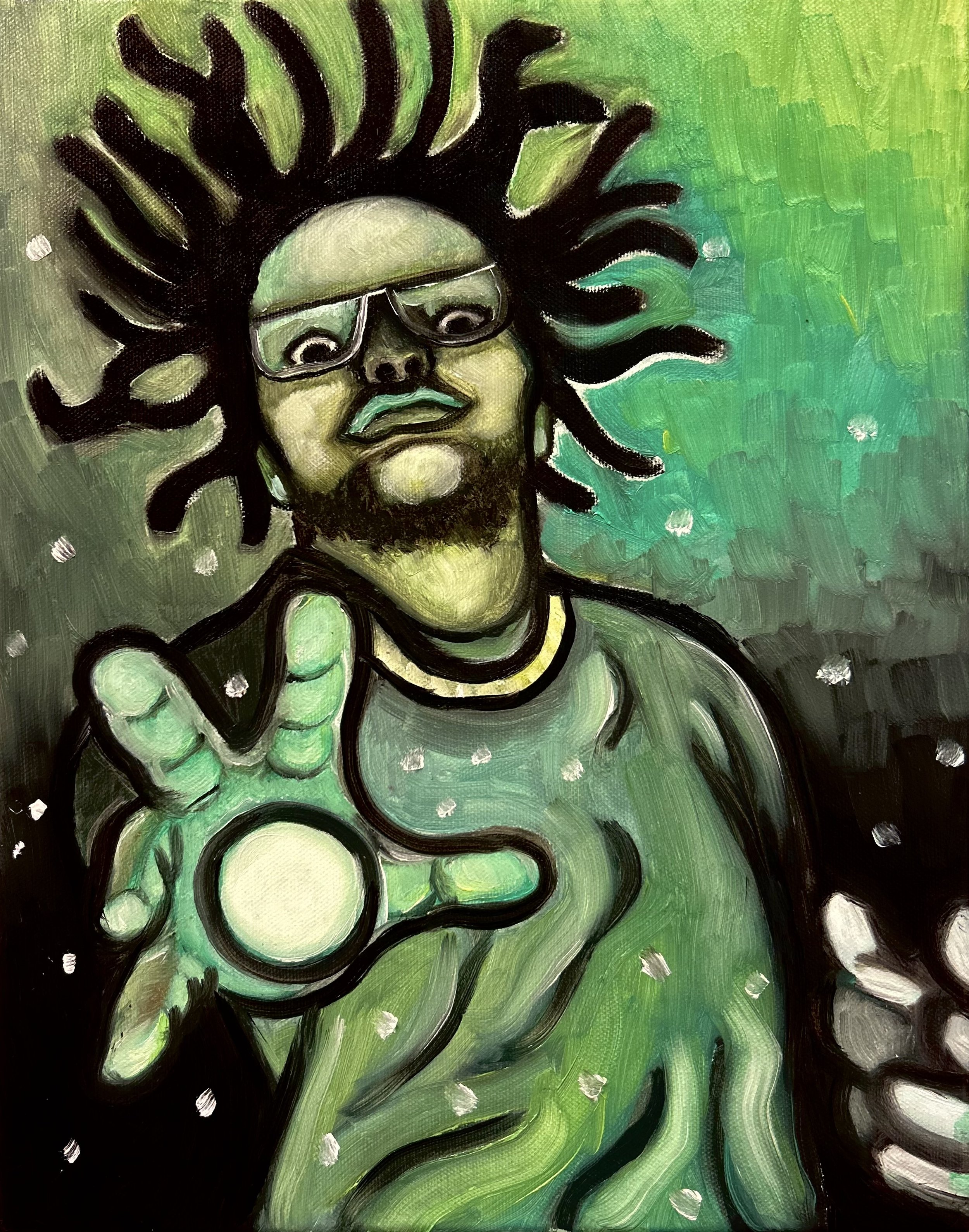 Abstract painting of a person with dreadlocks and sunglasses, reaching out with their hand holding a glowing orb, against a green and black background.
