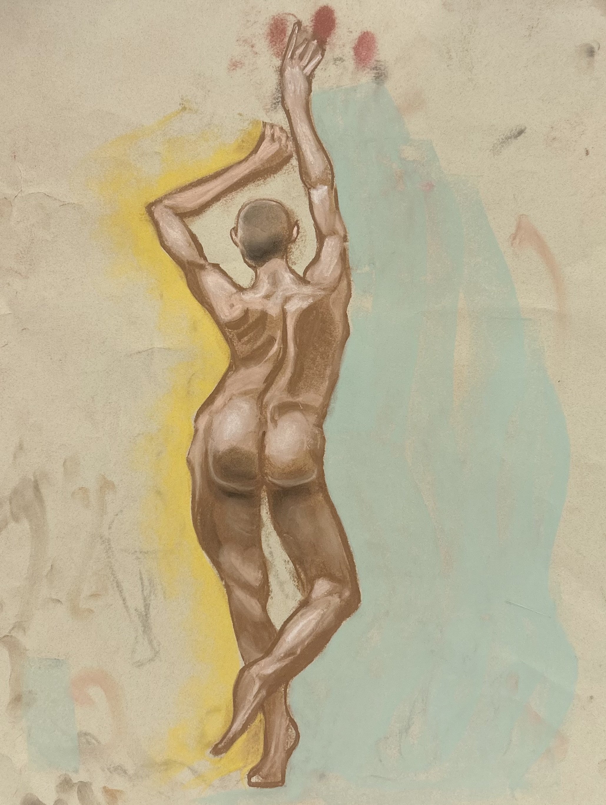 A drawing of a nude figure from the back with arms raised, against a pastel background. The figure is positioned with one leg crossed over the other, emphasizing the body's contours.