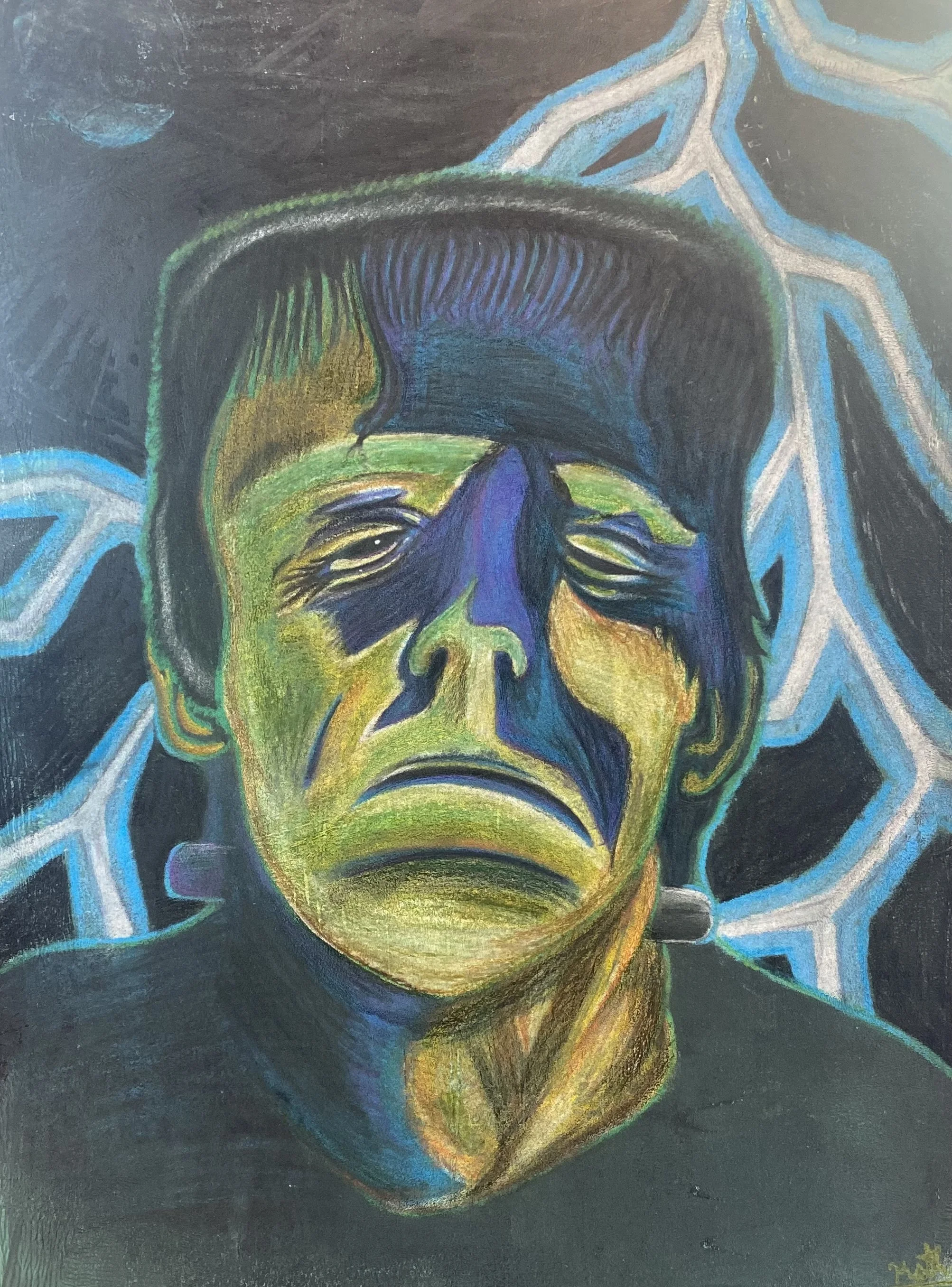 Colorful abstract drawing of a Frankenstein-style monster with electric blue highlights and bolts, on a dark background.