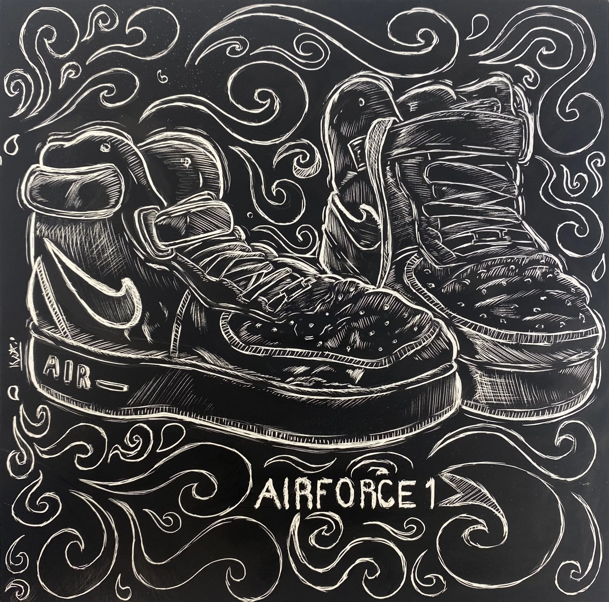 Illustration of Air Force 1 sneakers with swirling patterns in the background, featuring prominent Nike branding and the text "Air Force 1".