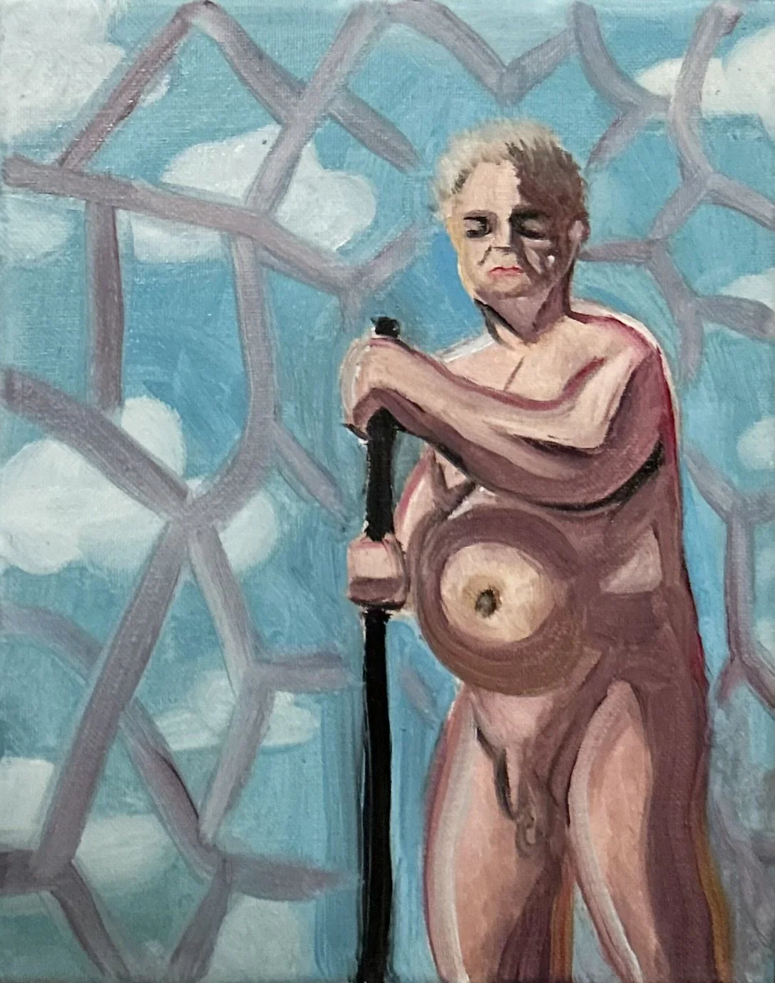 Abstract painting of a nude figure holding a staff against a blue background with clouds and intersecting lines.