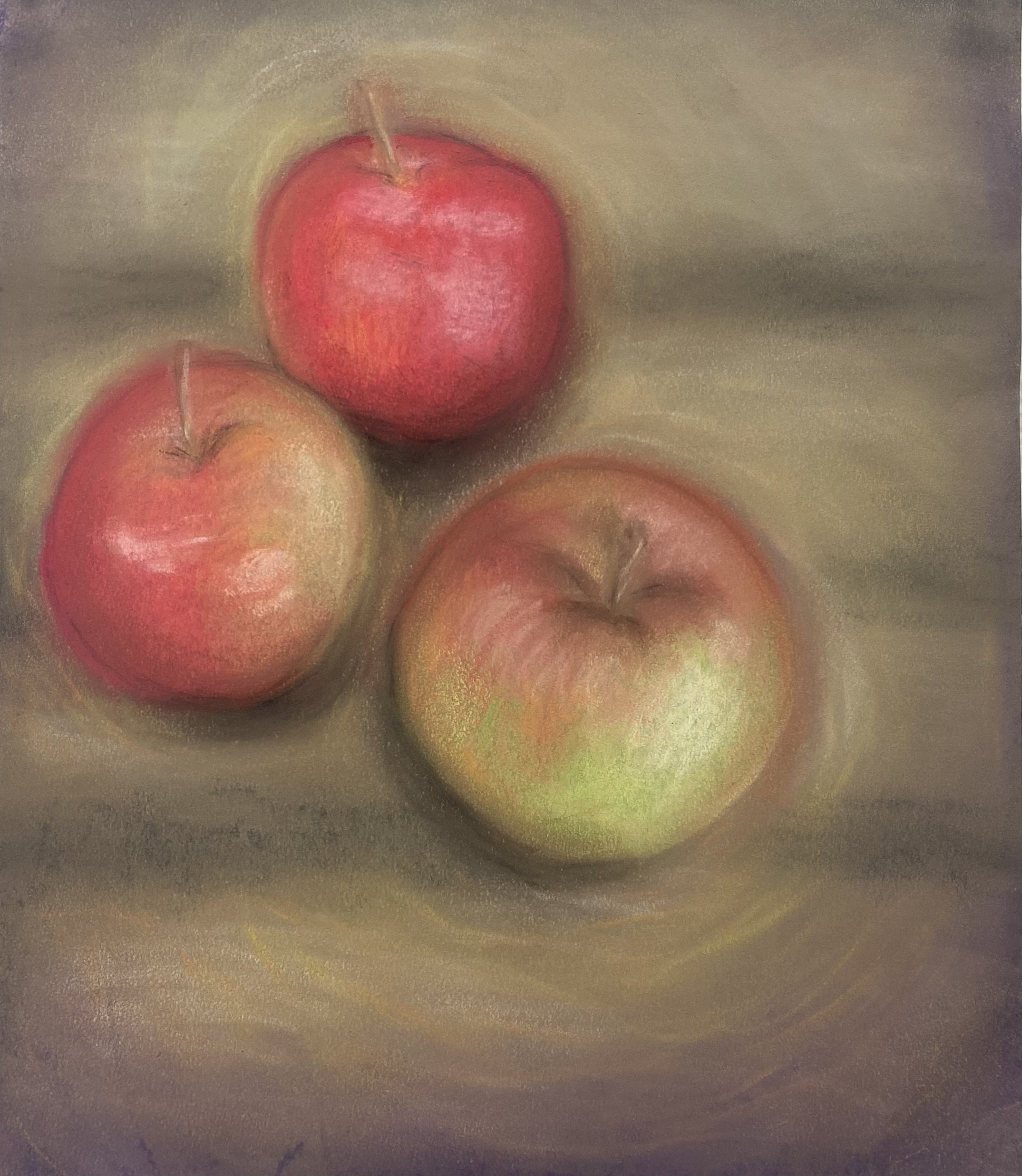 Three apples on a textured surface, pastel art