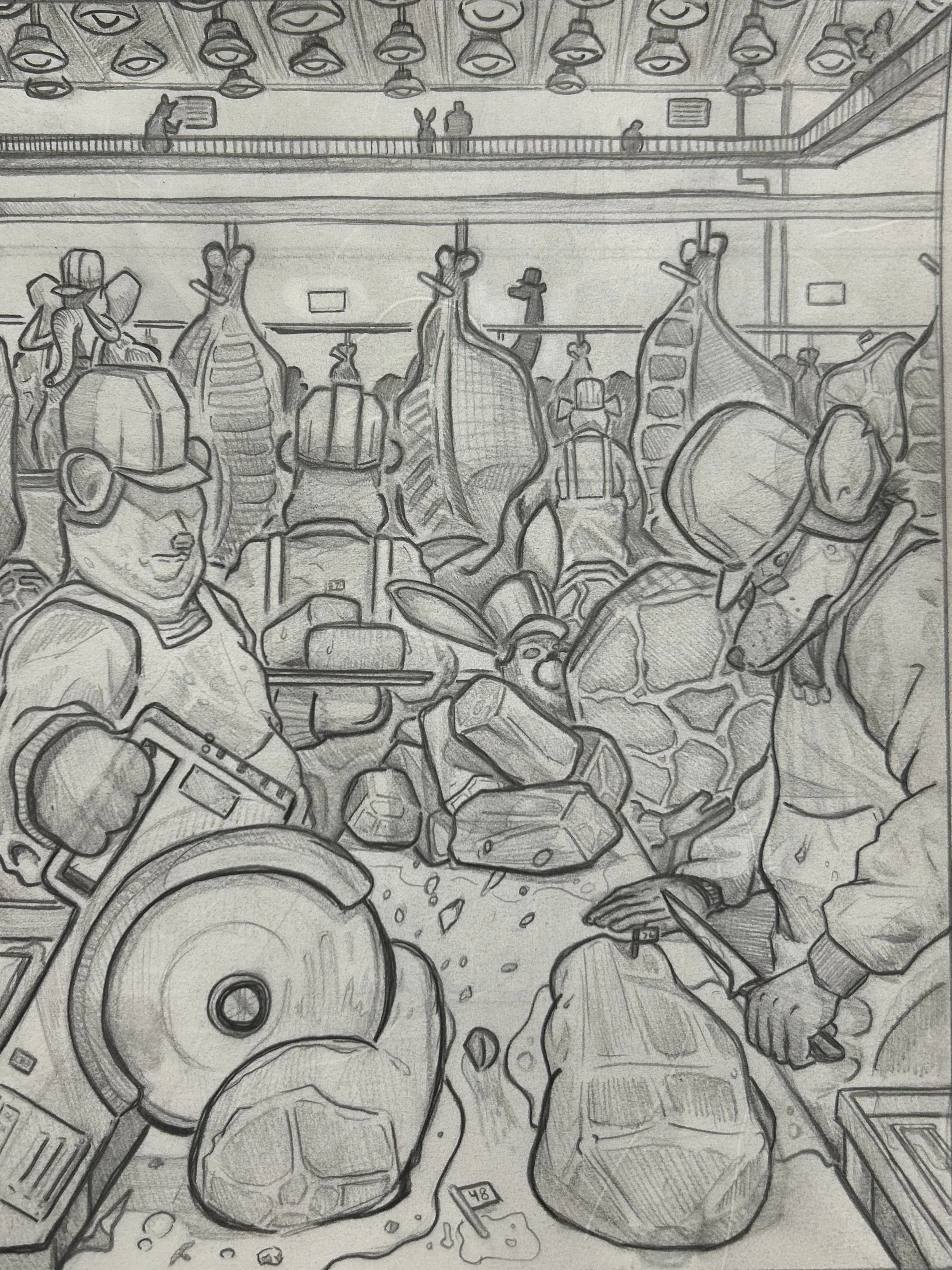 Surreal pencil drawing depicting animal-like figures in a factory setting, operating meat processing equipment. Ceiling features numerous eyes, with observers on an upper balcony.