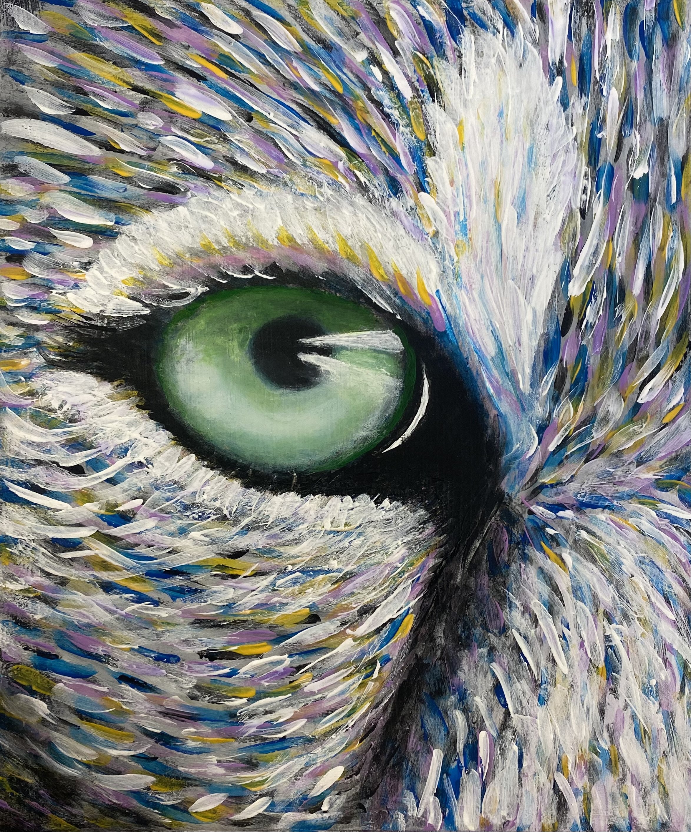 Close-up painting of a green eye surrounded by vibrant multicolored feathers or fur, featuring brushstrokes in white, blue, yellow, and purple.