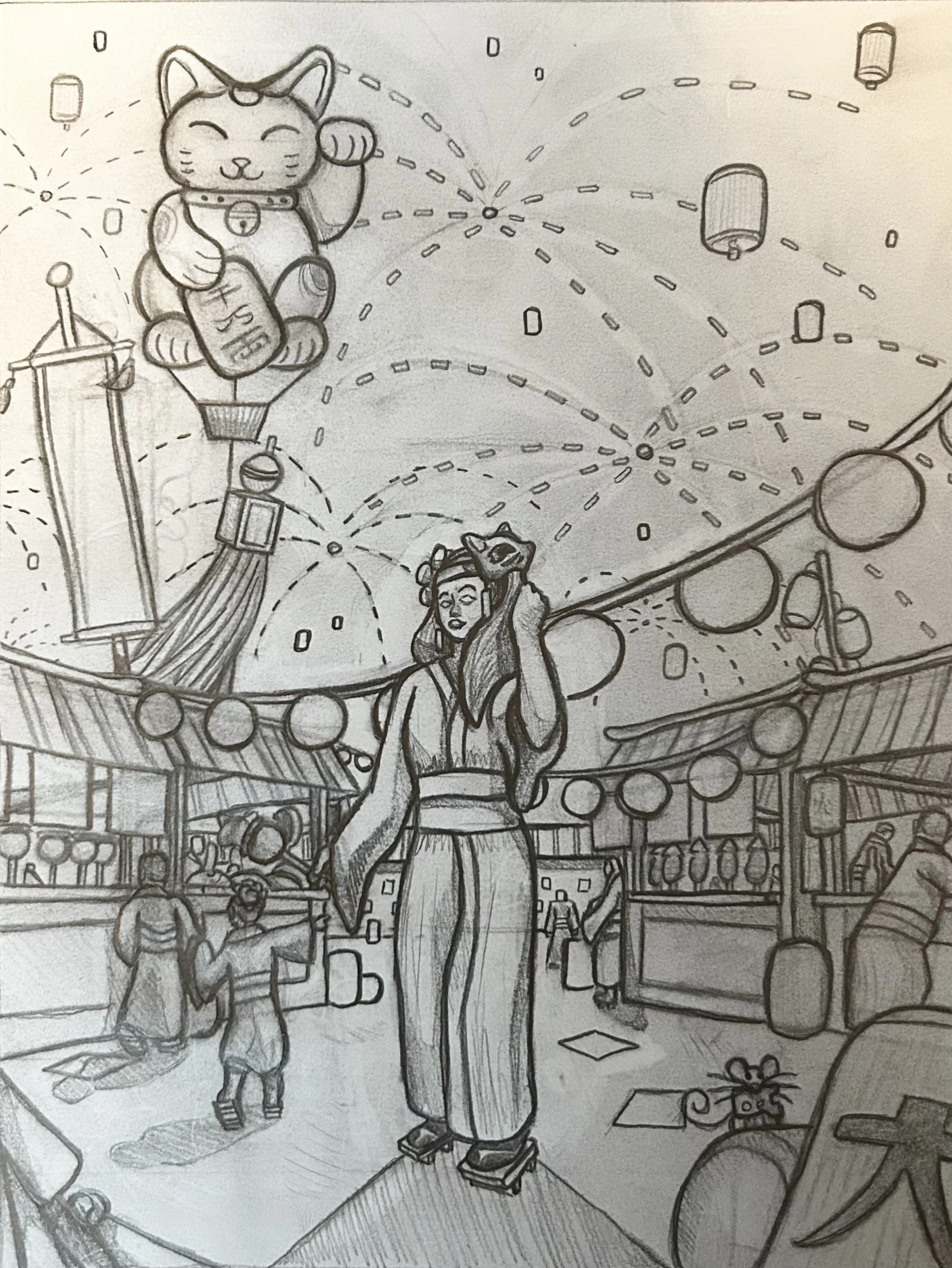 Pencil drawing of a festival scene featuring a large waving cat figure, fireworks, lanterns, and a woman in traditional attire.