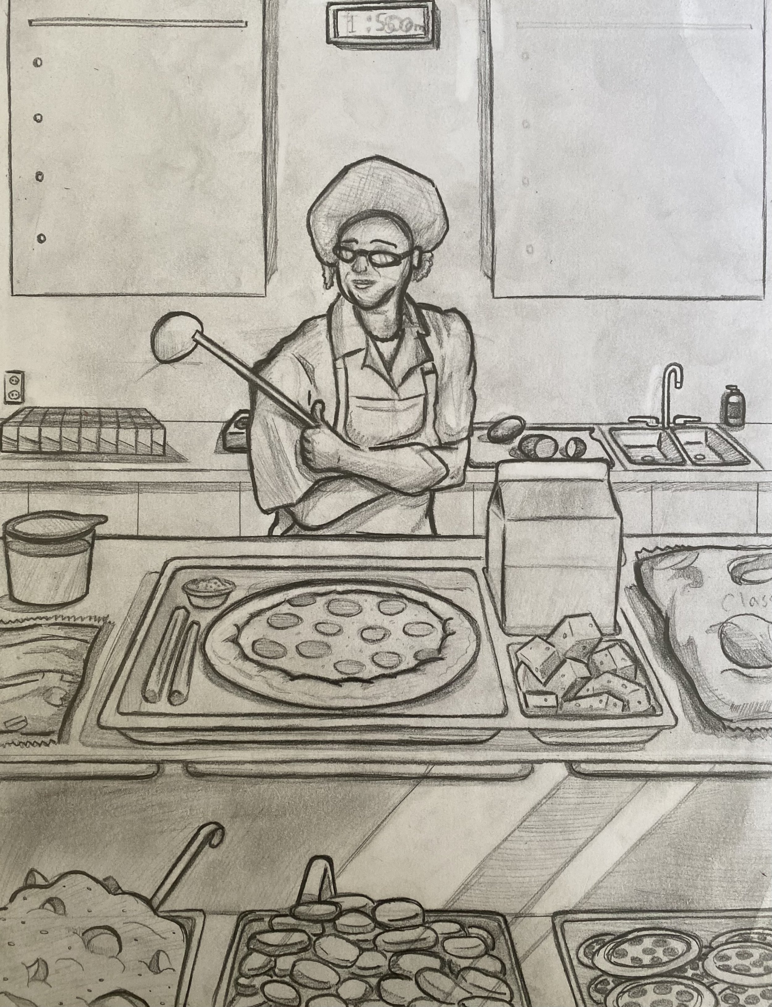 Illustration of a cafeteria worker serving food, with a pizza and various food trays on the counter, wearing a hat and apron, holding a ladle.
