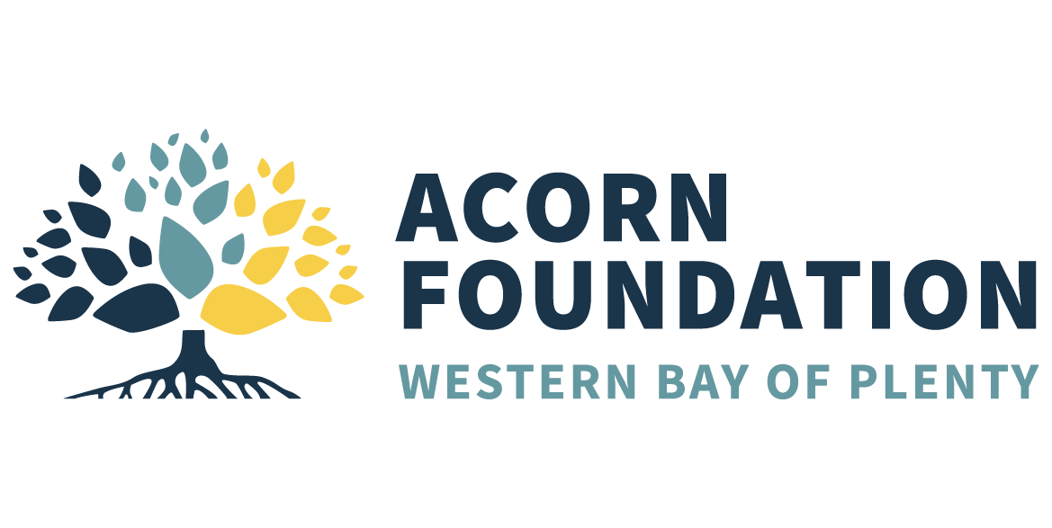 Logo for Acorn Foundation Western Bay of Plenty featuring a stylized tree with leaves in shades of blue and yellow and text.