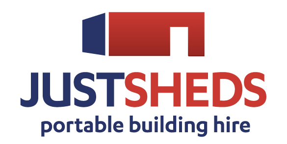 Logo for Just Sheds featuring a stylized shed icon and text 'JUST SHEDS portable building hire'.