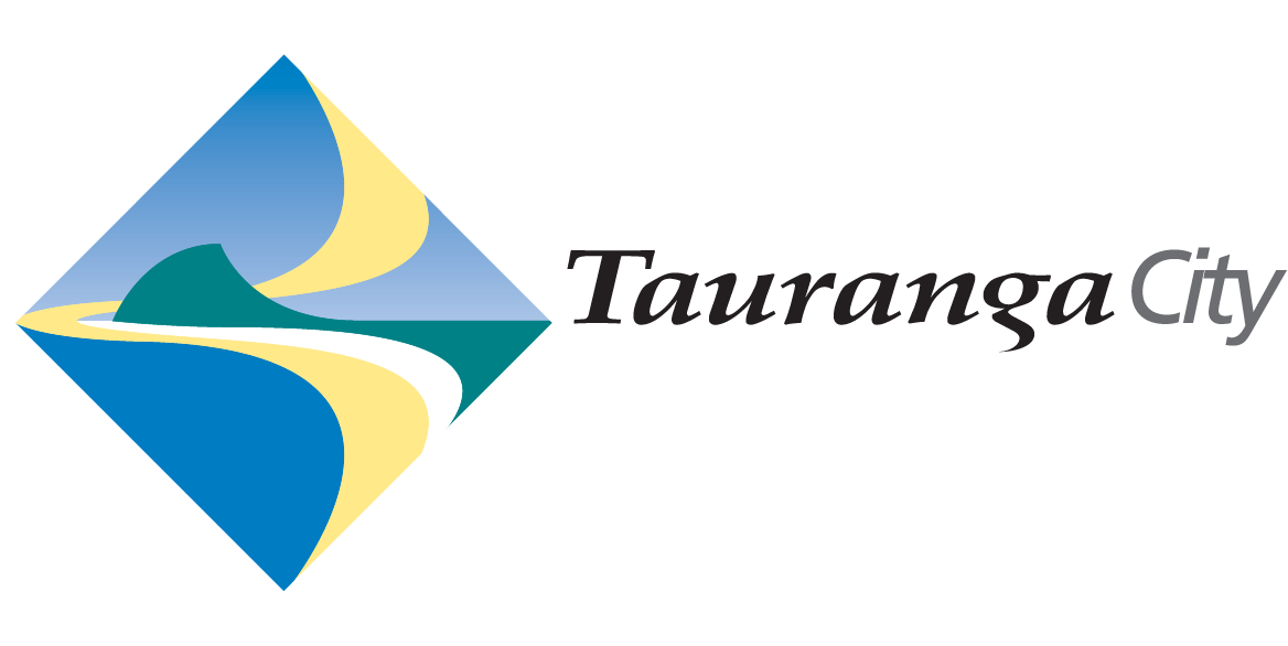 Tauranga City logo with a stylized landscape of hills and a river in shades of blue, green, yellow, and gray.