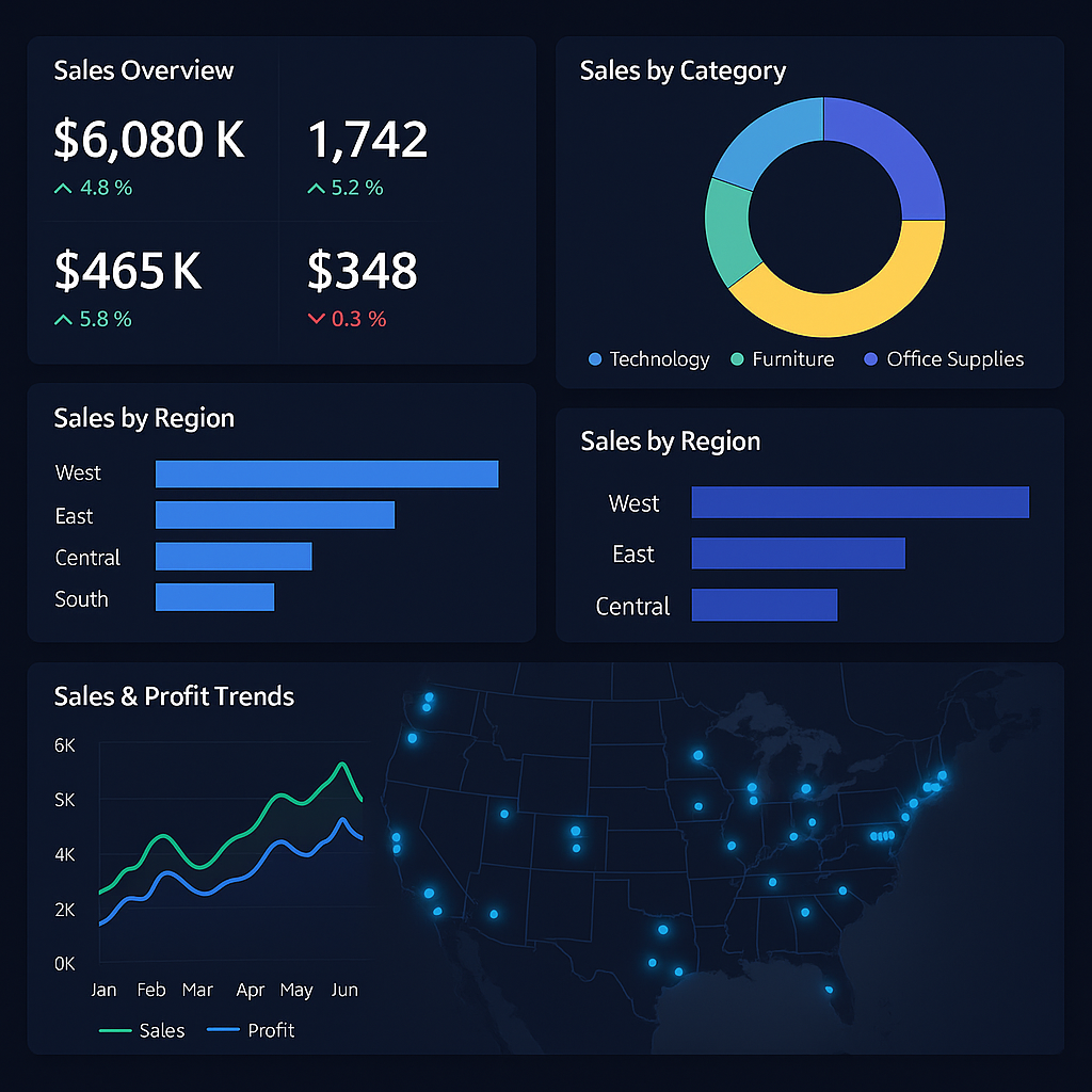 A digital sales dashboard showing sales overview, sales by category, sales by region, and sales and profit trends on a dark background with various charts and graphs.