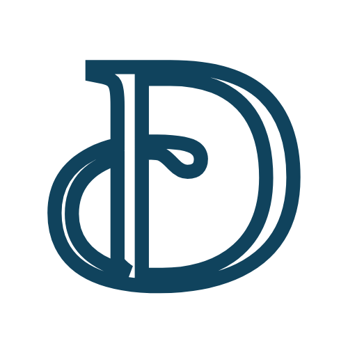 Stylized logo with interlocking letters D and P in navy blue.