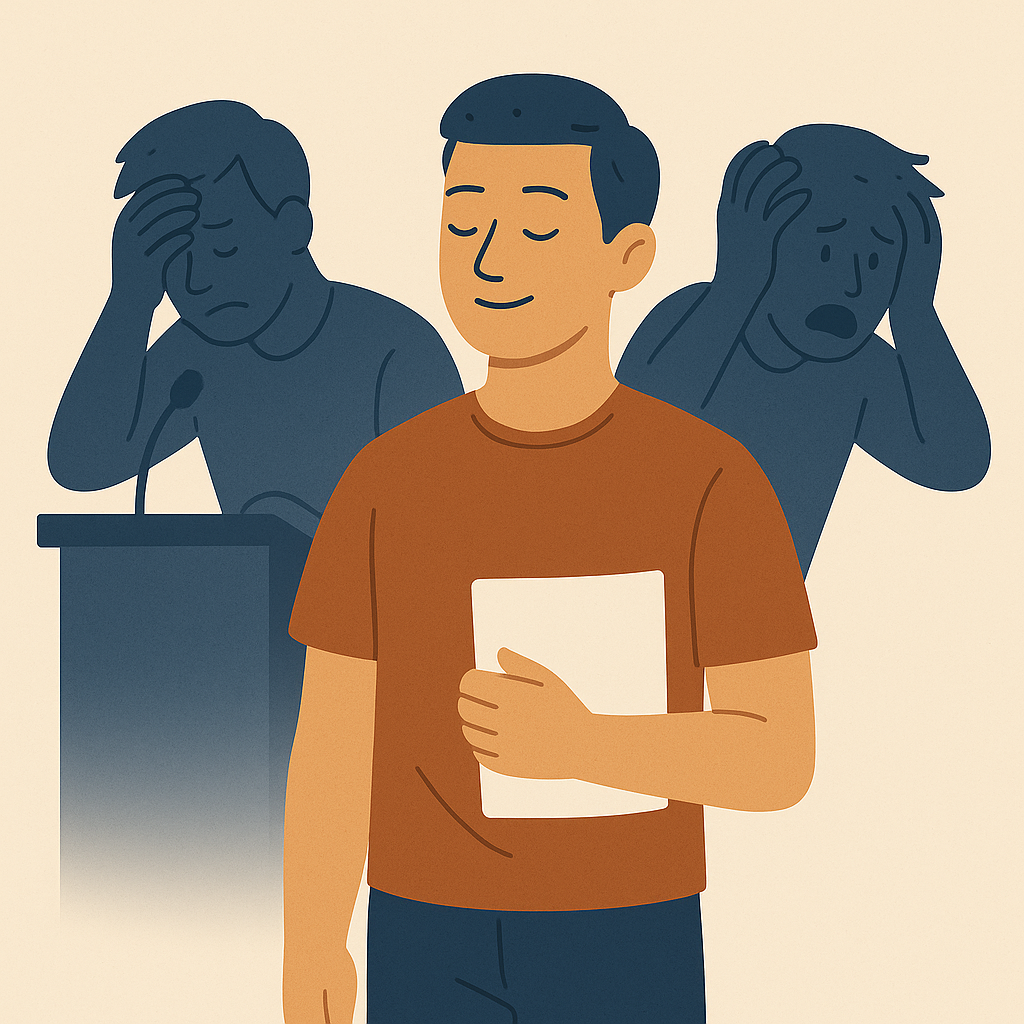 Calm man holding a test paper with anxious shadows behind him at a podium.