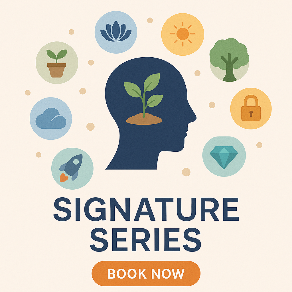 Flat-style illustration promoting “Signature Series” with a head silhouette sprouting leaves, surrounded by eight symbolic icons, and a “Book Now” button.