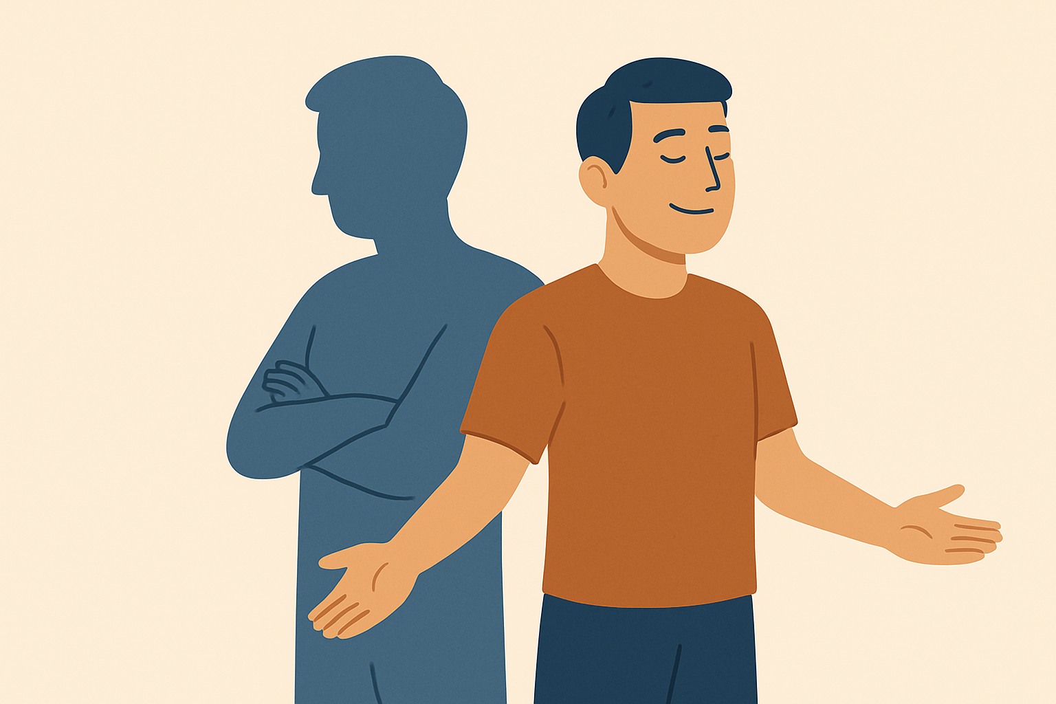 Man looking away from shadow self happily