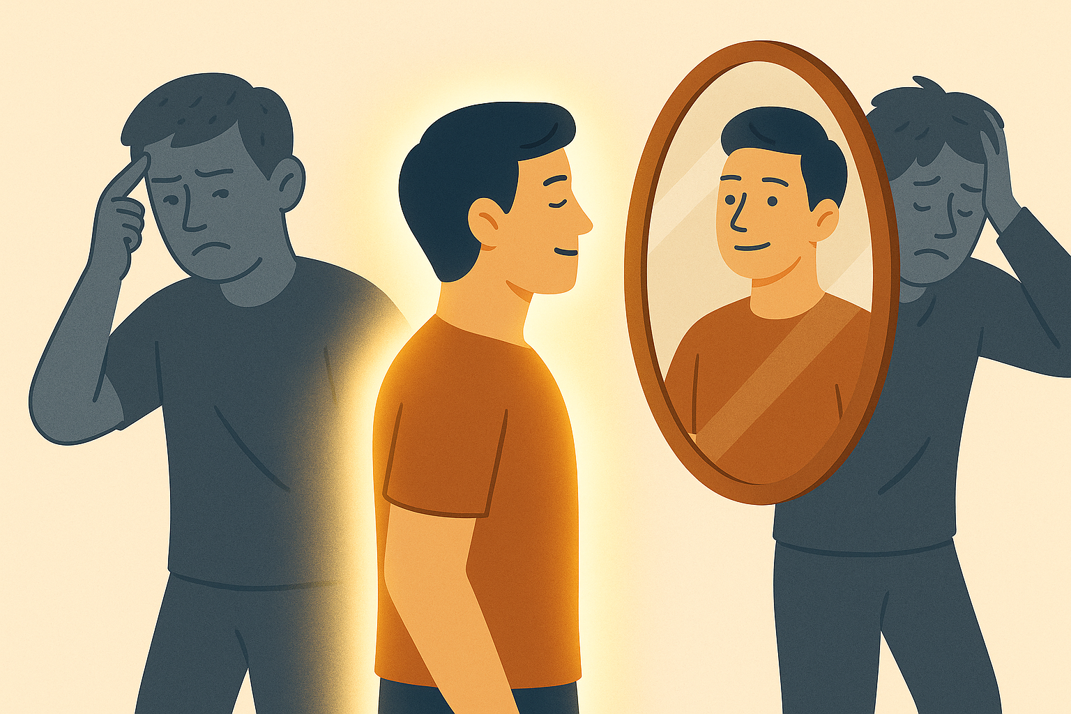 Calm glowing person looking into a mirror with shadowy confused figures behind them